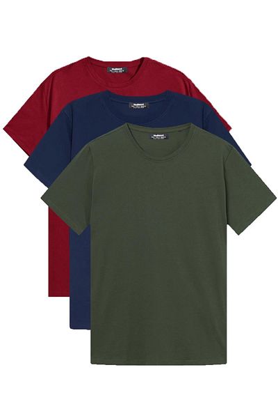 Madmext Tricou de bază din 3 piese pentru bărbați, roșu Claret, bleumarin, kaki 7011