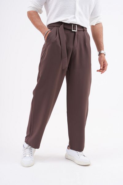 byata.style Seasonal Pleated Baggy Fit Pocket Belt Buckle Men's Fabric Trousers Brown