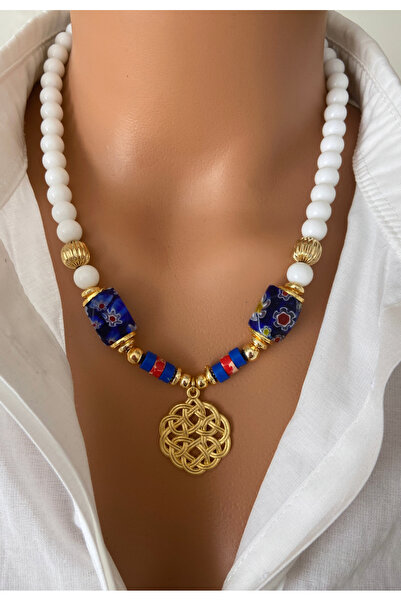 TARZ-I TAKI Doğal Taş Kırık Beyaz Mavi Çiçek El Yapımı Boncuk Altın Kaplama K...