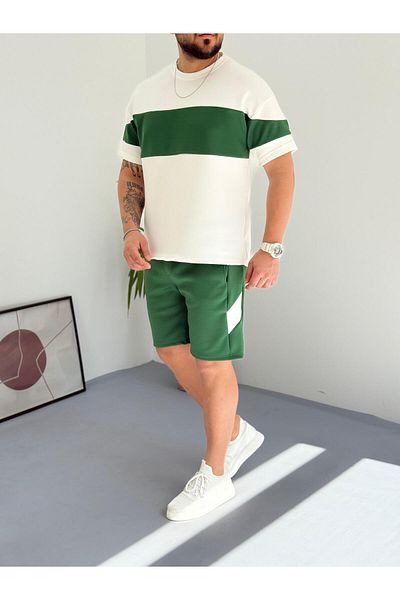 Combineman35 Green White Men's Scuba Fabric Shorts T-Shirt Bottom Top 2 Piece Set