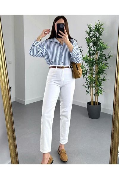 MAKRAS EXCLUSIVE 90. léta bílé s vysokým pasem Lycra Comfort Denim Mom Jeans Kalhoty Jeans
