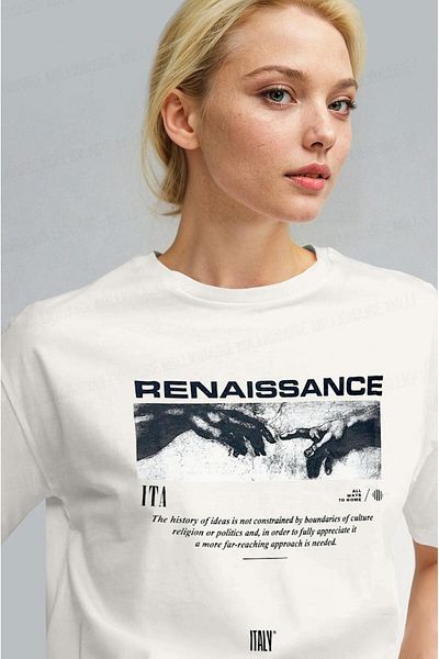 Millionaire Women's Ecru White Renaissance Regular Fit Regular Fit T-Shirt