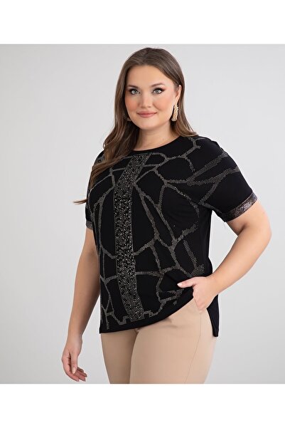 Serra Women's Black Plus Size Blouse with Stone Detail