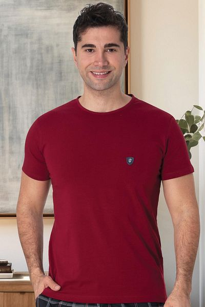 Mecit Pijama Mecit 3011 - Tricou bărbătesc din bumbac roșu Claret, decolteu, mânecă scurtă și lycra
