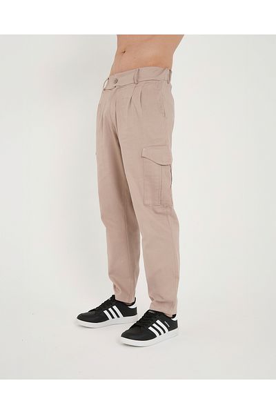 RELAXL Ανδρικό παντελόνι Gabardine Beige Cargo από 100% βαμβακερό κωνικό πλισέ