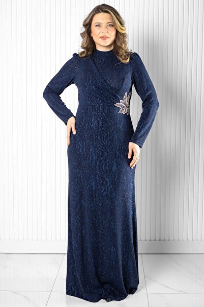 SUBU TASARIM Βραδινό φόρεμα Navy Blue – Λεπτομερής στάμπα με πέτρα – TBSMDA2522