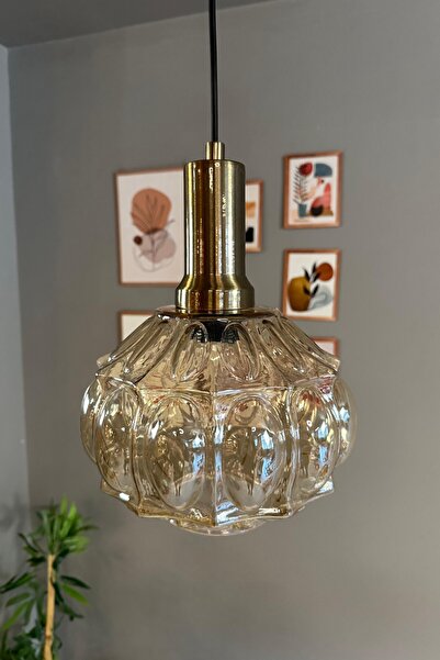 Bamyum Şila Cam Bal Rengi Tekli Avize Eskitme Fener Başlık Retro Sarkıt Lamba...