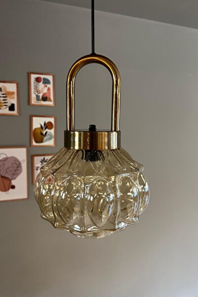 Bamyum Şila Cam Bal Rengi Tekli Avize Eskitme Kilit Kafa Başlık Retro Sarkıt Lamba Salon Aydınlatma