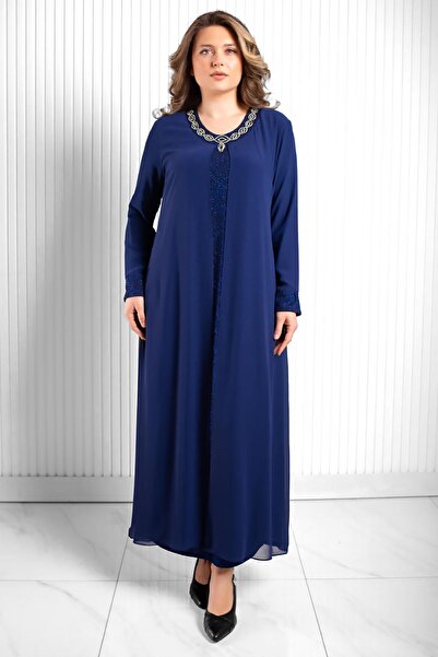 SUBU TASARIM Кам'яний принт Детальний шифон Вечірня сукня Синій TBSMDA2520