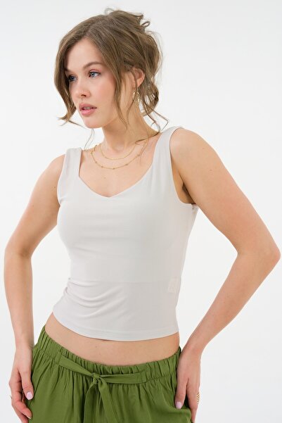 Saade Beige U Neck Straight Strap Knitted Tank Top