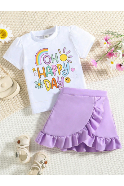 bebekpare Costum cu fustă pentru fetiță - Volane imprimate Happy Day