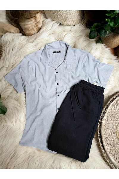 YONEZ MODA Мъжки комплект от 2 части - къси панталони и риза, свободна кройка, креп и джоб