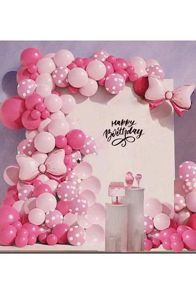 Çemrek Süs Parti Pink Fuchsia Polka Dot Pink and Bow Foil Balloon Balloon Chain Set 101 Pcs