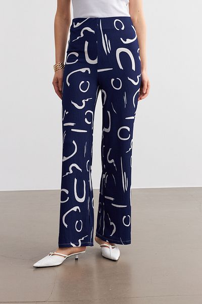MODAGEN Women's Navy Blue Patterned Pipe Leg Trousers
