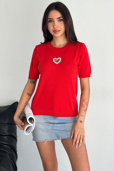 FEMELLE Kadın Kırmızı Standart Beden Kalp Taş Aksesuar Detaylı Kısa Kol Pamuklu İnce Taşlı Triko Bluz