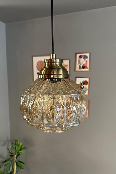 Bamyum Şila Cam Bal Rengi Tekli Avize Kum Saati Başlık Retro Sarkıt Lamba Salon Aydınlatma