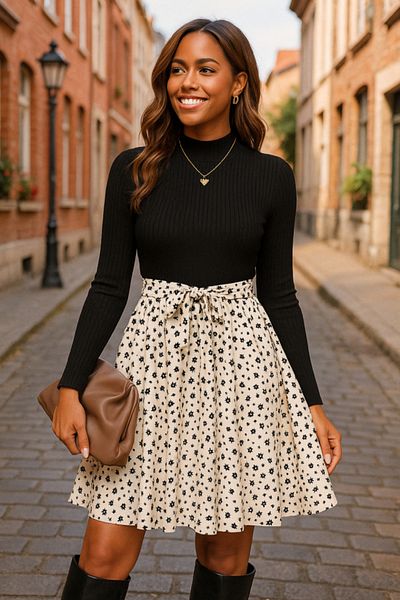 MRA Fashion    Women's Long Sleeve Turtleneck Waist Tie up Top Camisole Skirt Diver Short Dress