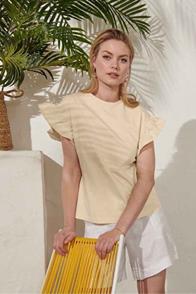 Tchibo Women Crew Neck Flutter Sleeve Plain Top, Beige