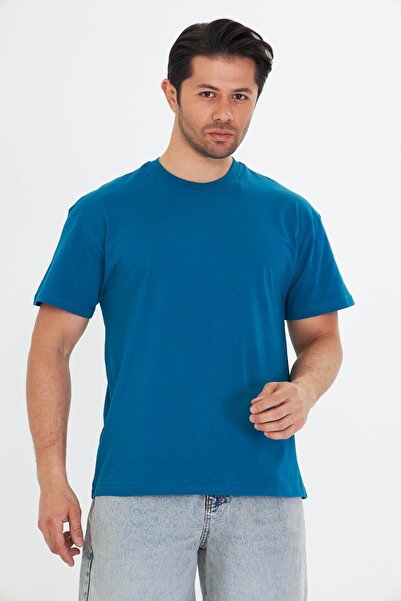 TRENDHİLL Ανδρικό μπλουζάκι από βαμβακερό λαιμόκοψη μεγάλου μεγέθους μπλε 5015-M
