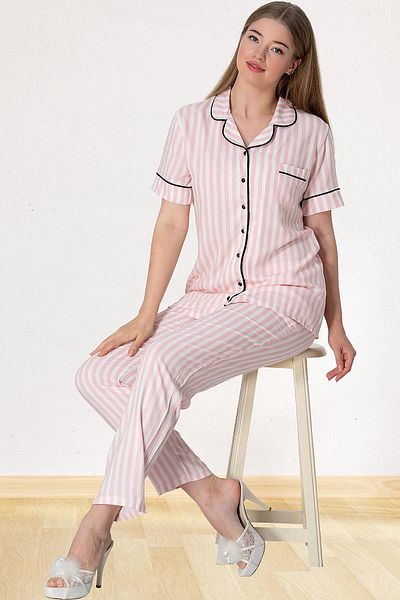 Mecit Pijama Mecit 5150 Ροζ ριγέ γυναικείο σετ πιτζάμες με κουμπιά