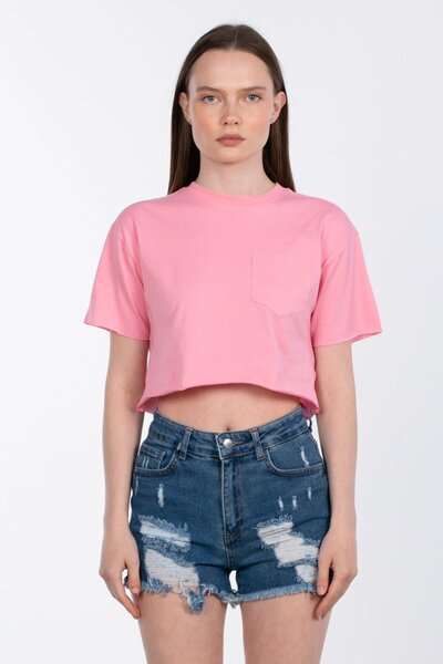 BARRELS AND OIL okrugla kragna Sa džepovima Skraćeni kroj T-shirt - Pink