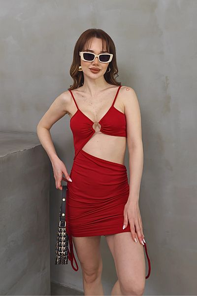 msm fashion Women Dress Mini Strap Chest and Waist Low-Cut Draped Adjustable Smocked Cut Out Dress