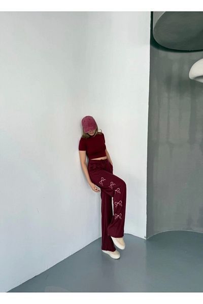 Kokosh moda Osy Modal Soft Textured Fabric Embroidered Comfortable Loose Leg Sweatpants Pantalon - Claret Red
