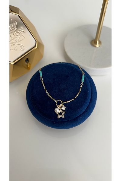 SU PERİSİ TAKI BİJUTERİ Vip Series Gold Blue Bead and Pearl Detailed Star Anklet