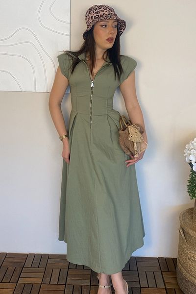 Ded COLLECTION Women's Padded Sleeveless Half Zipper Collar Parachute Fabric Midi Dress
