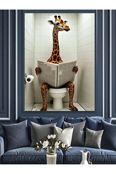ekart Tuvalette Gazete Okuyan Zürafa Dekoratif Kanvas - Mdf Ahşap Tablo