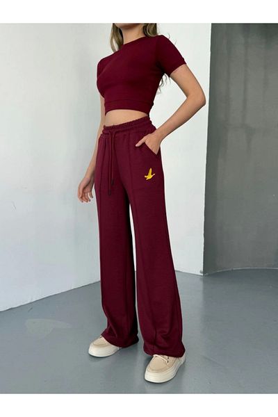 Kokosh moda Osy Modal Soft Textured Fabric Embroidered Comfortable Loose Leg Sweatpants Pantalon - Claret Red