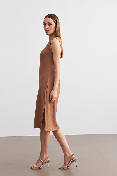 MODAGEN Rochie de damă, Camel, fără mâneci, lungime midi, cu fantă