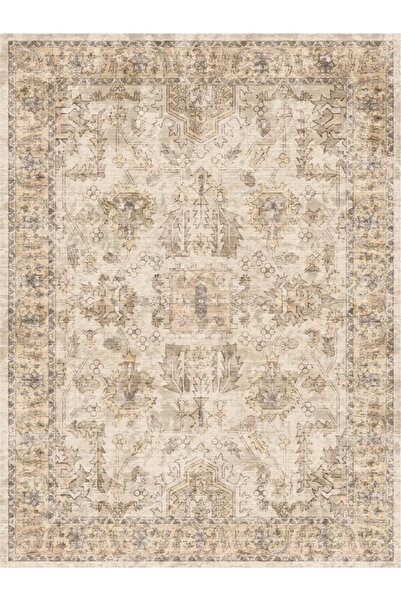 Halımax Drom Kaymaz Tabanlı Yıkanabilir Vintage Görünümlü Bej Motifli Etnik Salon ve Mutfak Halısı