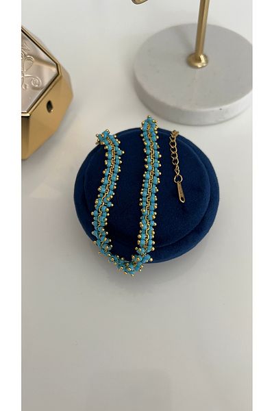 SU PERİSİ TAKI BİJUTERİ Steel Gold Blue Bead Anklet
