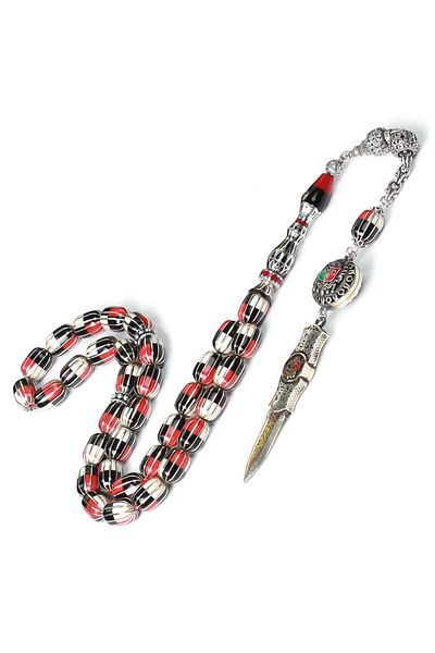 TESBİHCİBABA Nakkaş Red White Silver Split Erzurum Oltu Stone Rosary