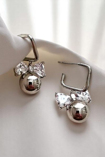 PETEK AKSESUAR 2.5 CM Wide Crystal Bow Ball Earrings