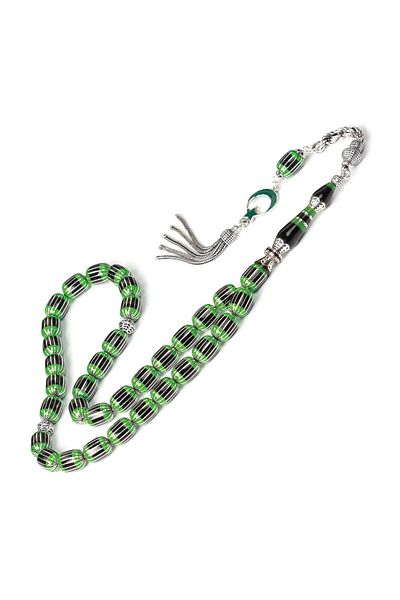 TESBİHCİBABA Nakkaş Green Black Silver Split Erzurum Oltu Stone Rosary