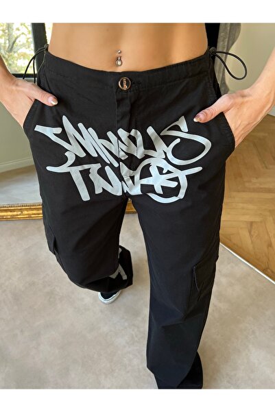 KOTOLOG Y2k Unisex Grunge Baggy Baskılı Lastikli Ayarlanabilir Bel Paça Kar Cep Pantolon Jean