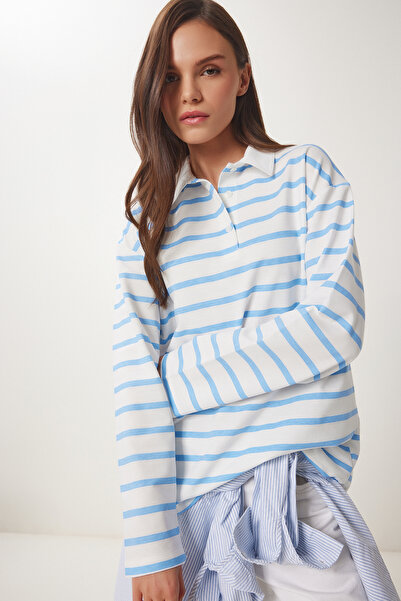 Lovelyİstanbul Çizgili Polo Yaka Örme Sweatshirt MAVİ BEYAZ LUS0110