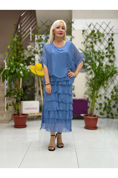 Punta Otantik Blue Italian Layered Silk Dress Nc64740 Model