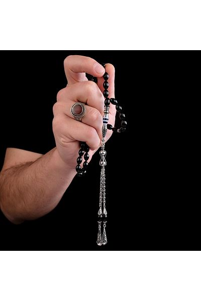 TESBİHCİBABA Black Pearl Beyzi Cut Nakkaş İmame Erzurum Oltu Stone Rosary