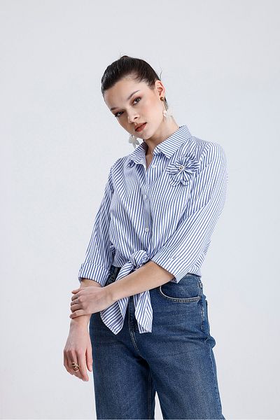 MD trend Women's Rose Detailed Front Tie Striped Shirt