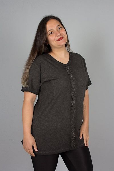 Truva XXL Large Size Washed Front Stone Embroidered Cotton Blouse