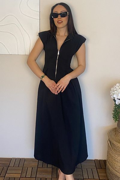 Ded COLLECTION Women's Padded Sleeveless Half Zipper Collar Parachute Fabric Midi Dress