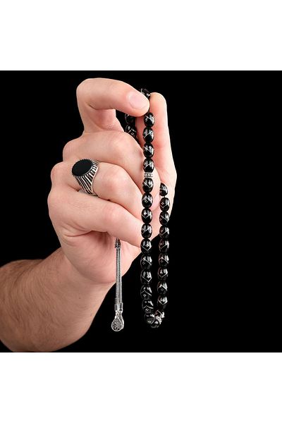 TESBİHCİBABA Engraved Oltu Stone Rosary with Silver Design