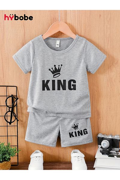 LEONE KOLEKSİYON King Crown Printed Cotton Kids Gray Shorts T-Shirt Set - Girls Boys Summer Crew Neck