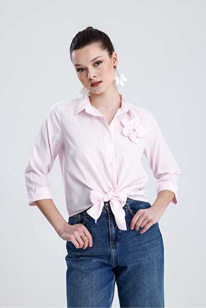 MD trend Kadın Gül Detaylı Önden Bağlamalı Çizgili Gömlek