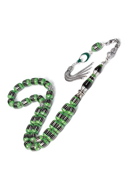 TESBİHCİBABA Nakkaş Green Black Silver Split Erzurum Oltu Stone Rosary