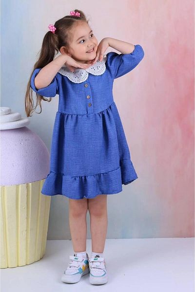 MİNYON BABY Rochie pentru fetiță cu guler din dantelă cu nasturi Nostarjik Blue - 7-8 ani