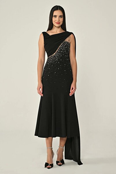 ALFABETA Şal Aksesuarlı Taşlı Krep Midi Abiye Elbise